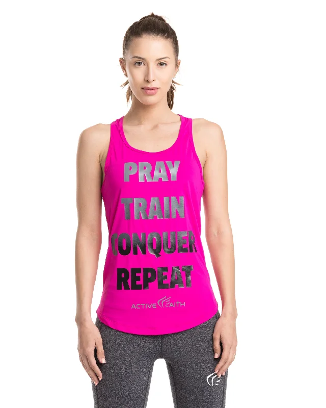 Women's "Pray Repeat" Word Tank beige tank top