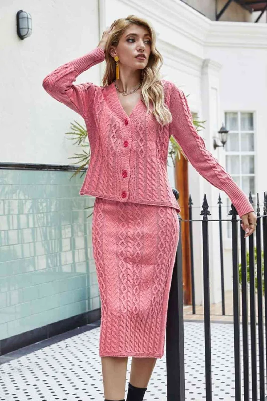 Chic and Cozy: Mixed Knit V-Neck Cardigan and Knit Skirt Set Elasticated Padded Insulated Chic and Cozy: Mixed Knit V-Neck Cardigan and Knit Skirt Set Elasticated Padded Insulated