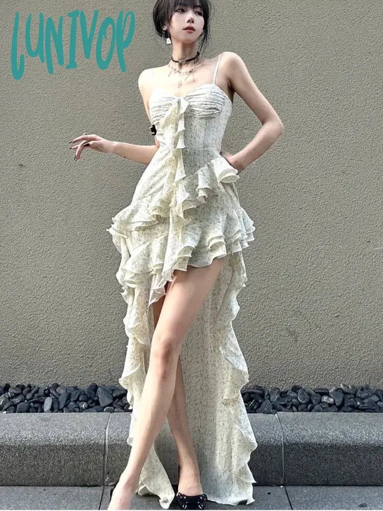 Lunivop Y2K Spaghetti Strap Irregular Dress Women Layered Ruffles Slim Sexy Party Dress Spring New Prom Robe Wedding Vestidos Mujer Crew Neckline Sporty