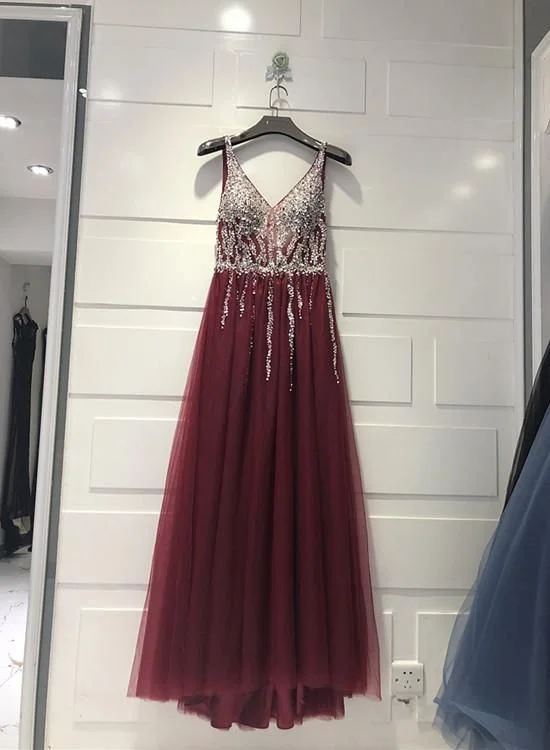 Charming Sparkle Sequins And Beaded Burgundy Party Dress, V-neckline Prom Dress    cg22088 Tunics Hiking breathable