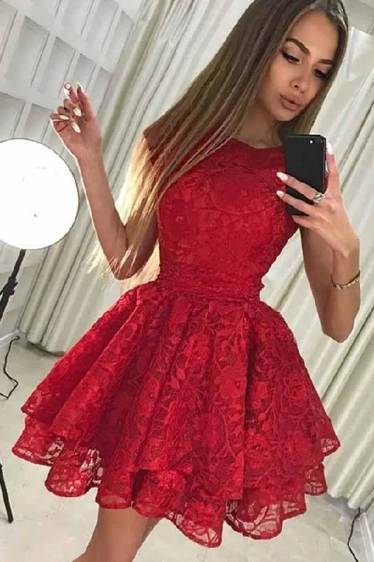 A-Line Round Neck Short Red Lace Homecoming Party Dress  PD228 Tunics Chic elegant