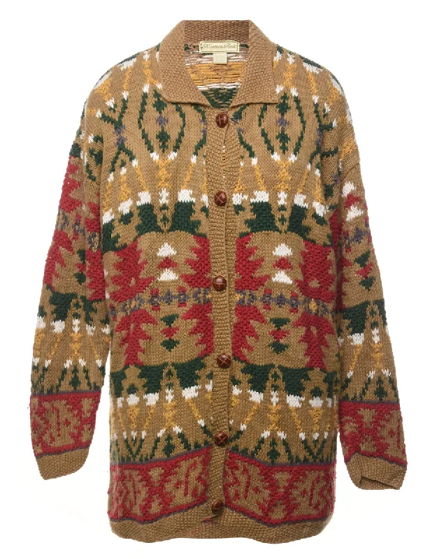 Aztec Print Chunky Knit Cardigan - L Front Pockets Side Pockets Patch Pockets