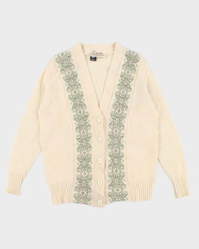 90s Vintage Women's Cream Cardigan - M Fleece Cardigan Nylon Polyester