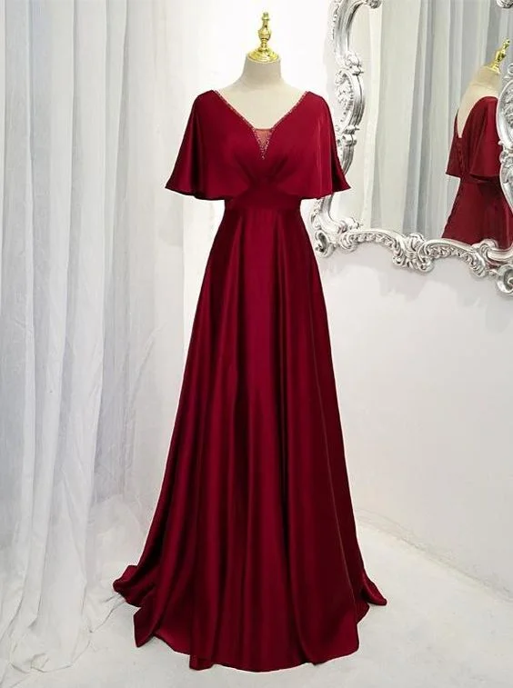 Dark Red Satin A-line Floor Length Evening Prom Dress, Wine Red Wedding Party Dresses       cg24707 Tunics Seasonal trendy