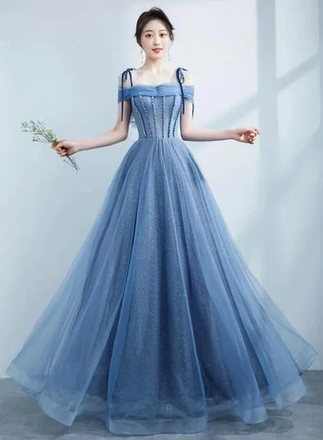 Blue Shiny Tulle Off Shoulder Beaded Straps A-line Party Dress, Blue Long Prom Dress   cg20535 Tunics Sale discount
