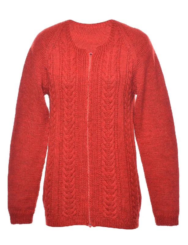 Cable Knit Red Classic Cardigan - S Soft Cozy Warm
