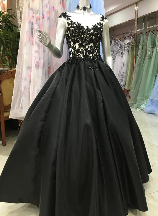 High Quality Satin With Lace Applique Round Neckline Formal Gown, Black Party Dresses Prom Dress    cg20448 Tunics Timeless classic