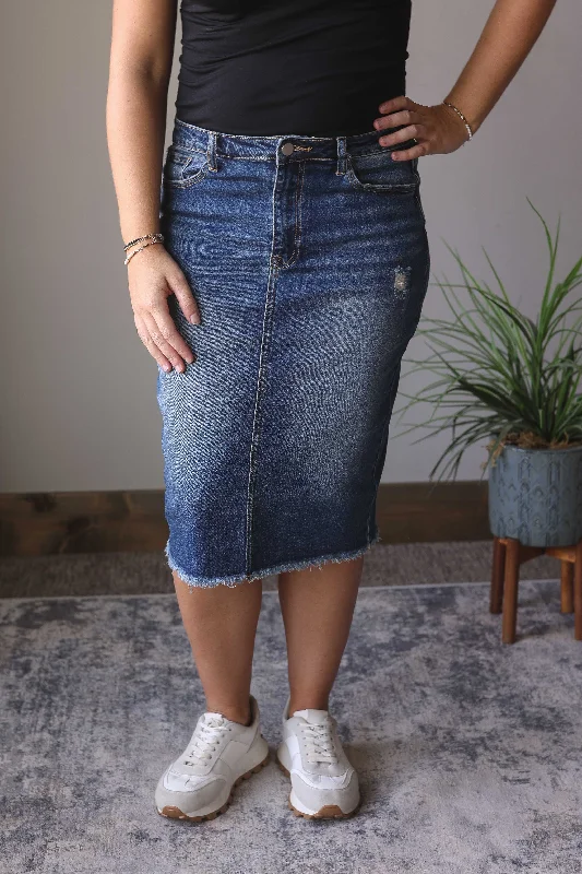 Nicole Mid Wash Distressed Knee Length Denim Skirt velvet skirt plush