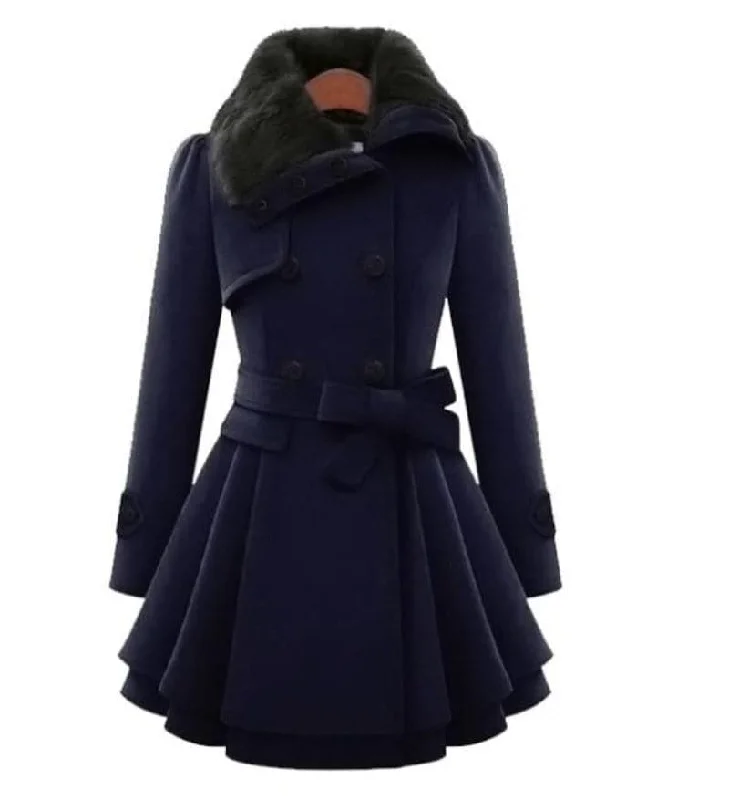 HEATHER Design Women's Fine Fashion Luxury Style Designer Navy Blue Wool Coat Jacket Faux Fur Jacket Real Fur Jacket Shearling Jacket