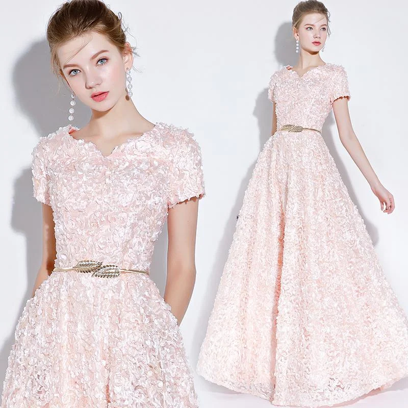 Pink Lace A-Line Cap Sleeves Floor Length Party Dress, A-Line Pink Prom Dress Formal Dress        cg23036 Glittery Long Formal