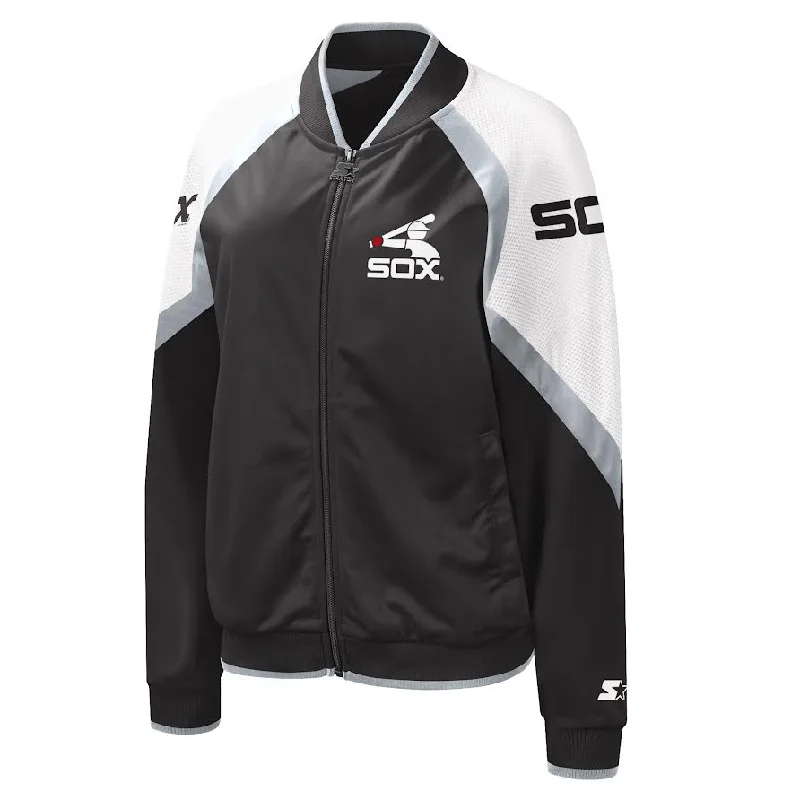 Women's Chicago White Sox Starter Cooperstown Collection Black Batterman Full Zip Track Jacket Embroidered Jacket Appliqued Jacket Beaded Jacket