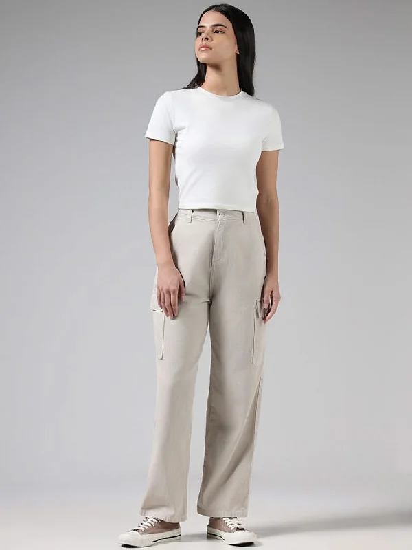 Nuon Solid Beige High-Rise Denim Cargo Relaxed Fit Pants Trendy Printed Pants