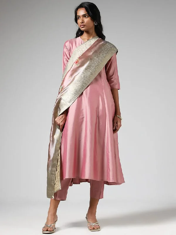 Vark Blush Pink Floral Printed Kurta, Pants & Dupatta Set Classic Chino Pants