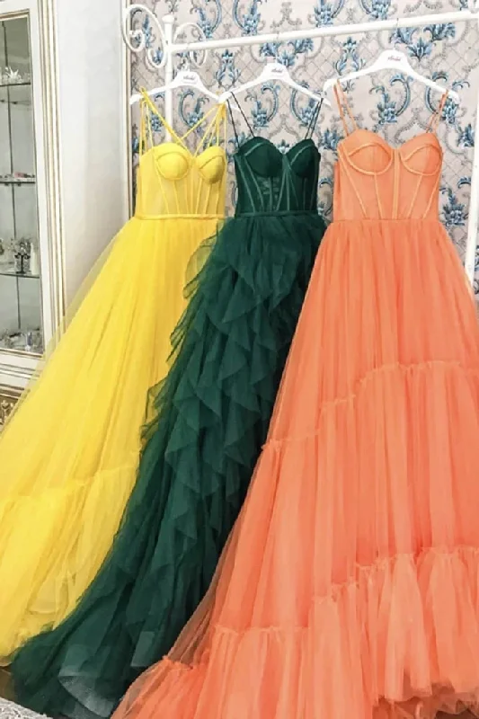 Yellow Long Tulle Prom Dresses Spaghetti Straps Sweetheart Court Train Formal Evening Party Dress    cg21195 Tunics Short Trendy