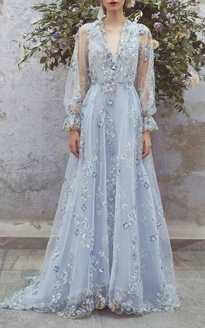 Light blue party dress long sleeve evening dress tulle applique long prom dress    cg20753 Tunics Ceremony elegant