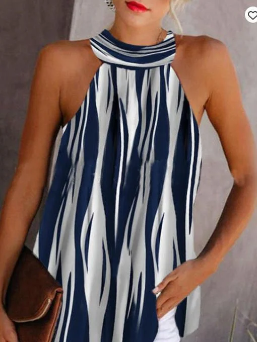 Loose Halterneck Striped Sleeveless Tank Tops grey tank top