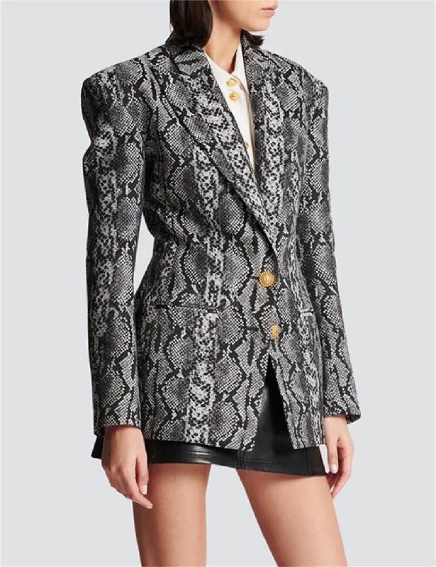 Ladies Jacquard Snakeskin Button Blazer Jacket 41907 Notch Collar Peter Pan Collar Cowl Neck