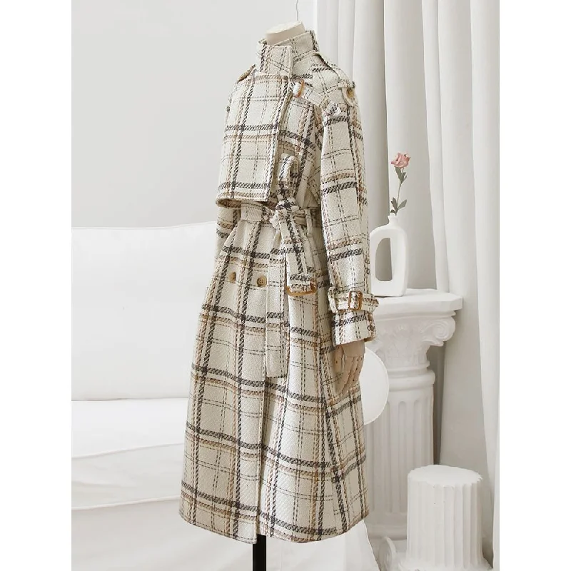 LAUTARO Women's Fine Fashion Elegant Luxury Ivory White Plaid Style Long Wool Coat Jacket Print Jacket Jacquard Jacket Patchwork Jacket