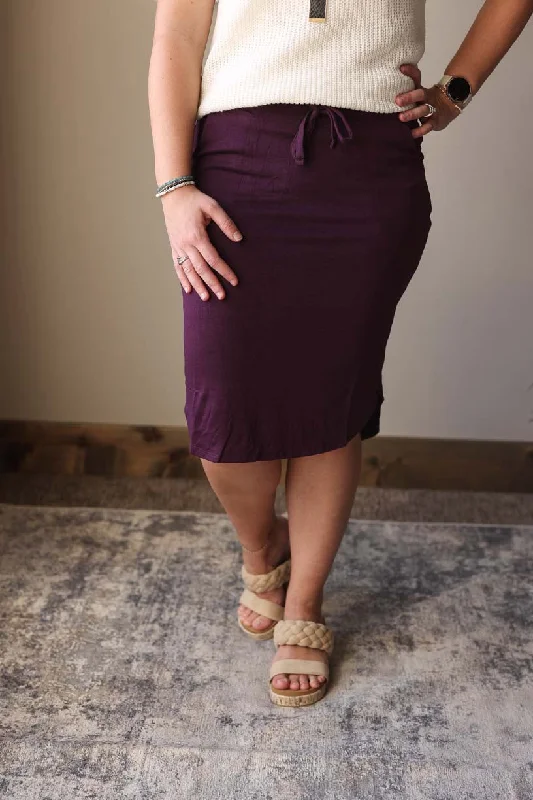 Plum Drawstring Waist Knit Pocket Midi Skirt velvet skirt glossy