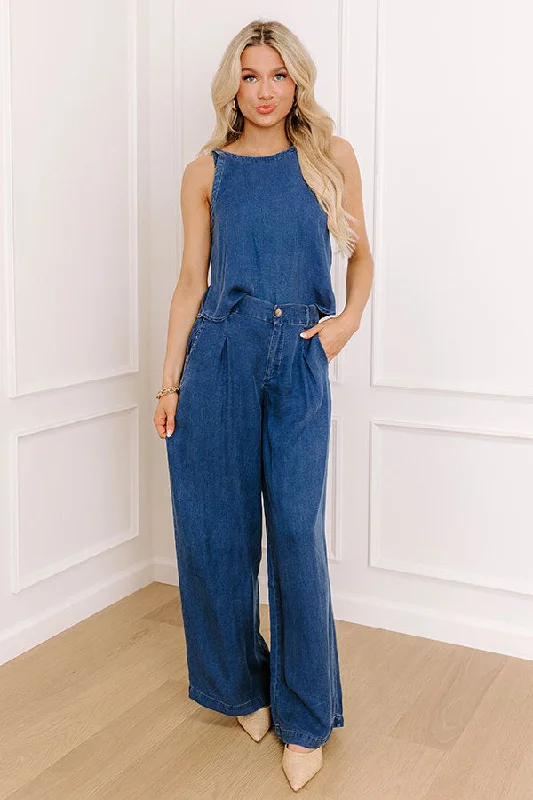 Cool Energy High Waist Chambray Wide Leg Pants Trendy Wide-Legged Trousers