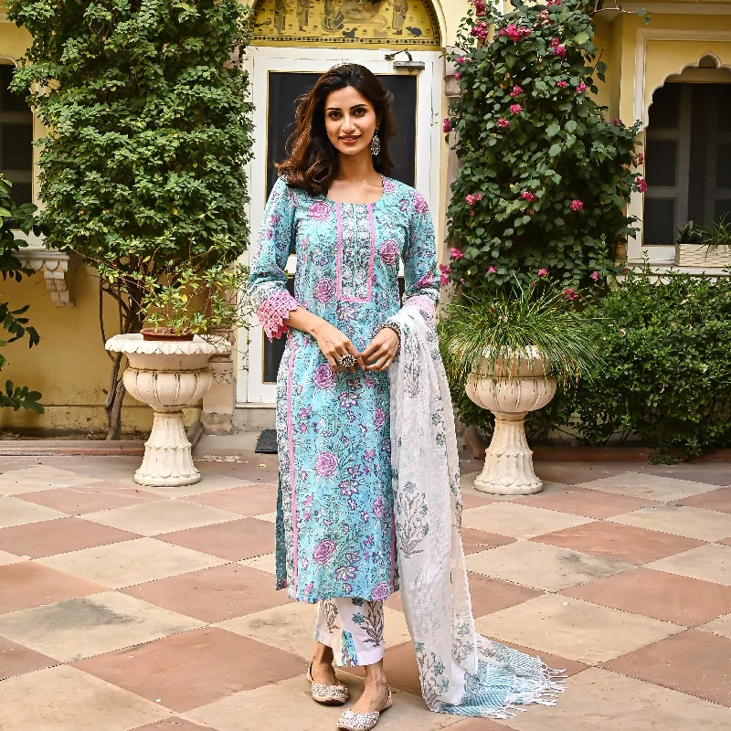 Women's Sky Blue Cotton Floral Printed Kurta Pant Set With Dupatta - Malishka Export Formal Wide-Leg Pants
