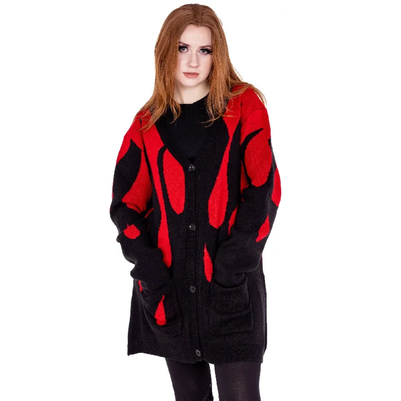 BLOOD FLAME CARDIGAN - BLACK/RED Zippered Front Buttoned Front Snap Front