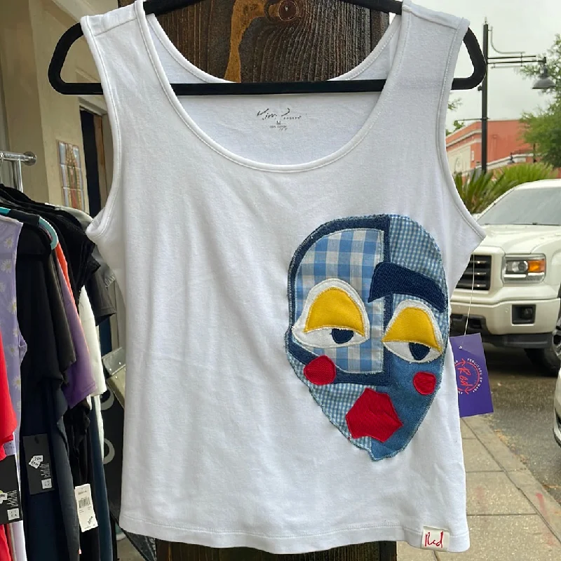 Red By Design #133 Side Eyes Blue Plaid Face White Tank Top halter tank top