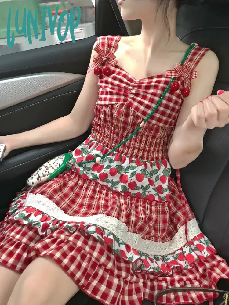 Lunivop Summer Red Sweet Princess Dress Women Patchwork Korean Fashion Party Dress Female Bow Ruffled Kawaii Suspender Dress New Tunics Seasonal trendy