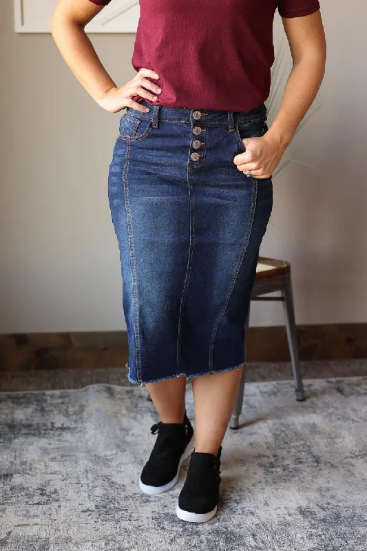 Scarlett Button Fly Midi Denim Skirt chiffon skirt lightweight