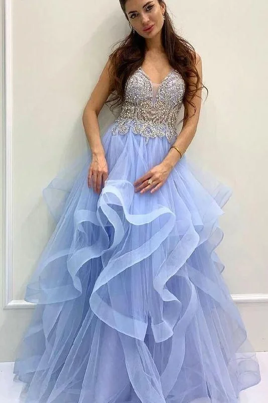 beaded A-line blue tiered long formal dress party dress  Prom Dresses      cg23300 Tunics Essential wardrobe