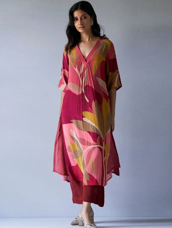 Women's Floral Printed V Neck Kurti And Pant Set  - Modestouze Attires High-Waist Yoga Pants