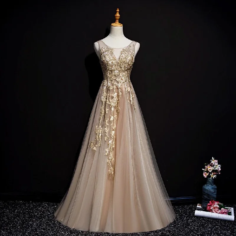 Champagne Tulle V-Neckline Long Lace Prom Dress, A-Line Formal Gown Party Dress   cg19159 Tunics Gym athletic