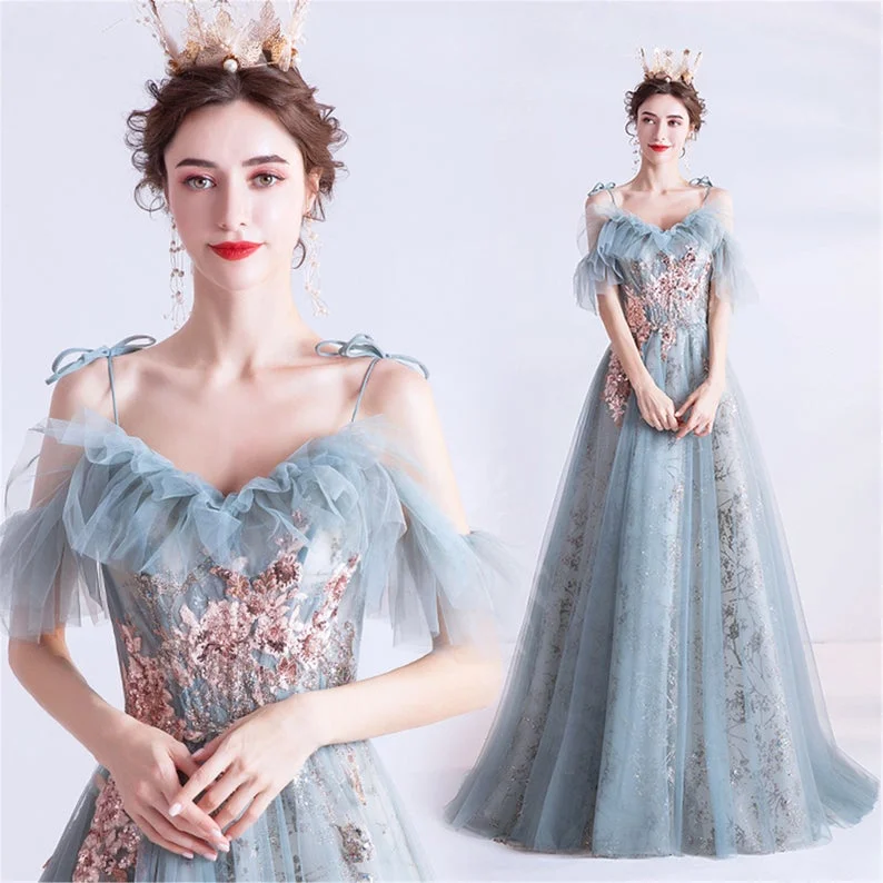 Vintage Prom Dress Light Blue Spaghetti Off Shoulder Formal Party Dress Sequined Ball Gown   cg21491 High-Low Hemline Casual
