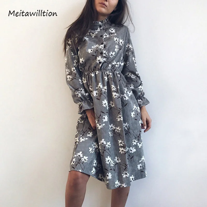 2019 Autumn Winter Women Corduroy Dresses Casual Long Sleeve High Elastic Waist Flower Print Party Dress Female Dress Vestidos Tunics Vintage classic