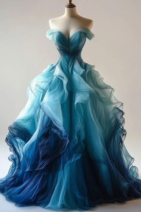 Retro Off The Shoulder Tulle Ombre Blue Party Dress Prom Dress Evening Dress     cg25369 Tunics Designer luxury