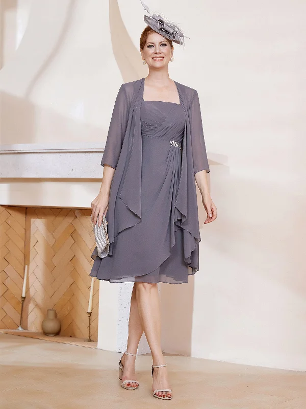 A-Line Chiffon Knee-length Dress With Jacket Steel Grey Jersey Jacket Tulle Jacket Batik Jacket