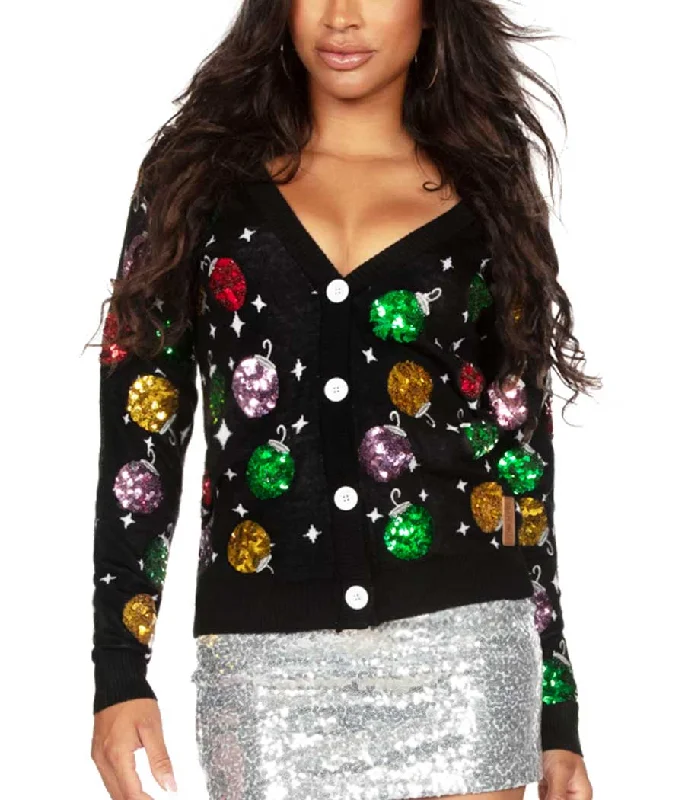 Women's Sequin Ornaments Cardigan Sweater Ribbed Striped Patterned