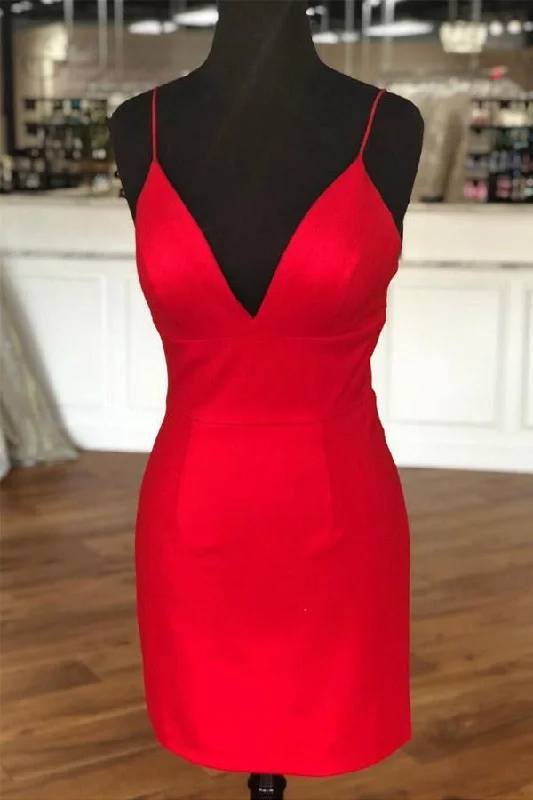 Simple Sheath V Neck Straps Red Mini Party Dress Homecoming Dress  PD398 Tunics Luxurious premium