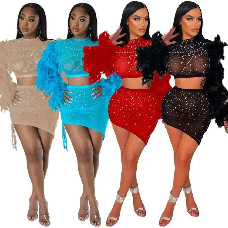 trendy rhinestone feather sleeve crop top and skirt 2 piece set sexy mesh mini skirts club outfits women summer clothing wool skirt warm
