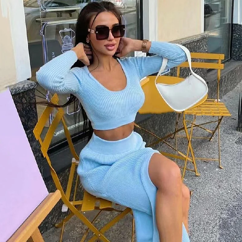 Factory women clothing foreign solid color long-sleeved sweater knitting fashion sexy split long skirt 2 pieces women set relaxed fit skirt