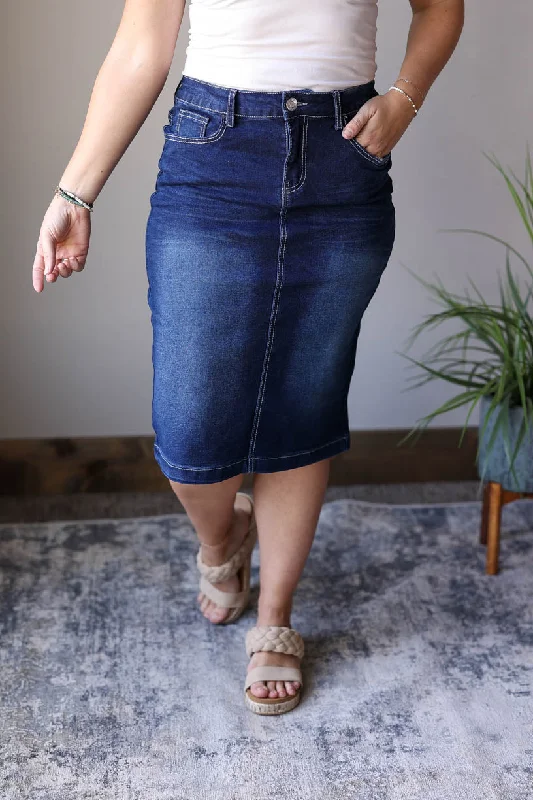Mia Dark Wash Solid Midi Skirt corduroy skirt textured