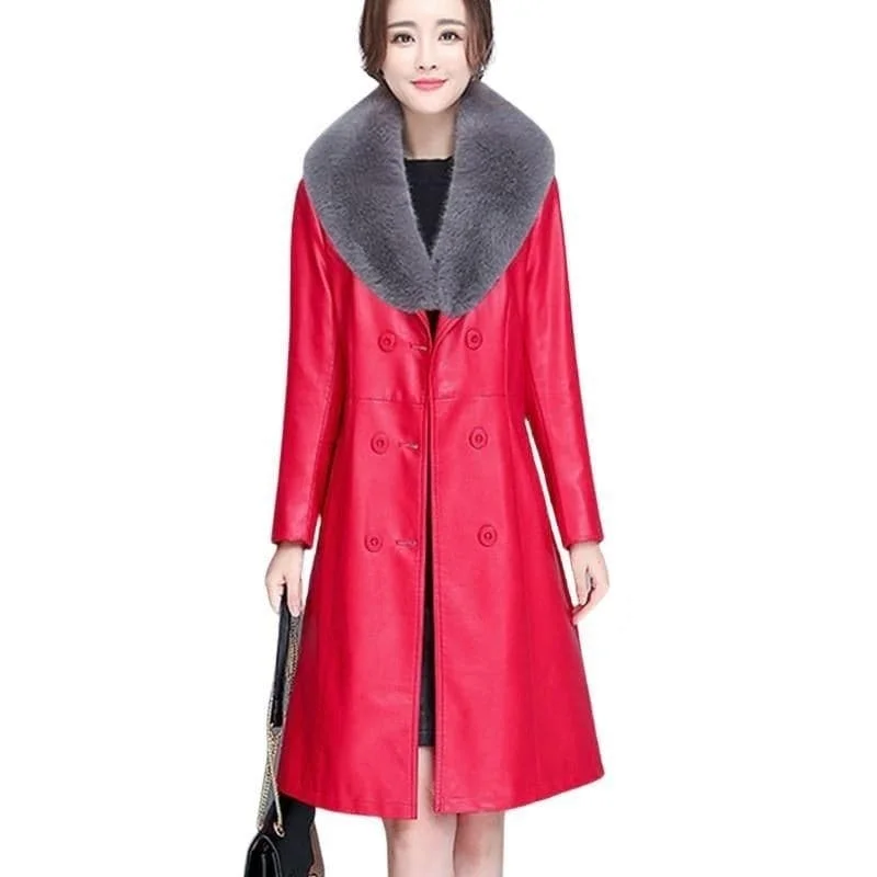 BELLA Design Women's Fine Fashion Luxury Designer Leather Red Plush Fur Coat Jacket Front Pockets Side Pockets Patch Pockets