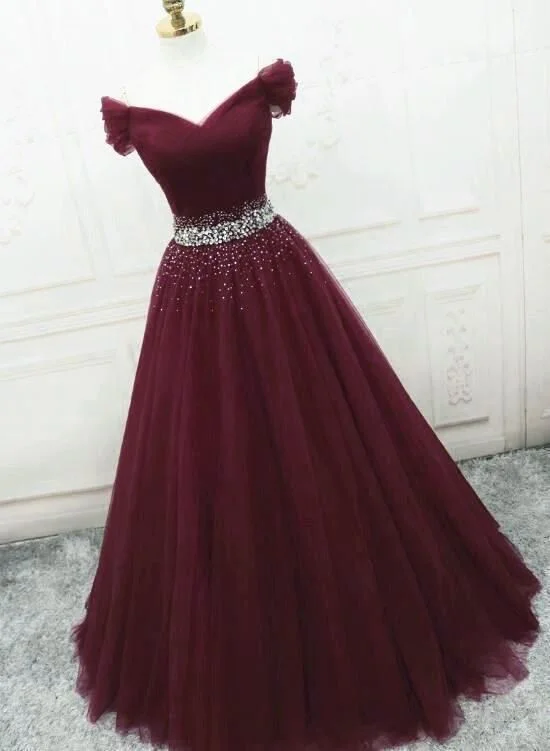Charming Burgundy Sweetheart Sequins Tulle Formal Dress, Wine Red Prom Dress Party Dress      cg22596 Cowl Neckline Elegant