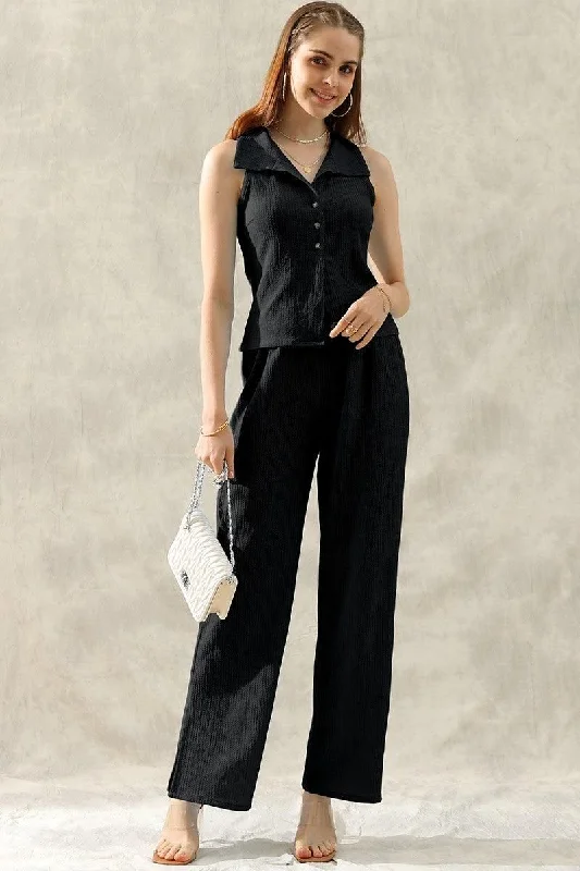 TINY EMBOSSING VEST TOP AND SLIT PANT SET Trendy High-Waist Trousers