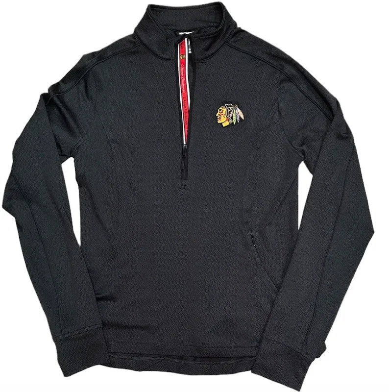 Women's Chicago Blackhawks 1/4 Zip Black Pacer Team Script Crew Jacket, Black-Level Wear Snapped Jacket Toggled Jacket Drawstring Jacket