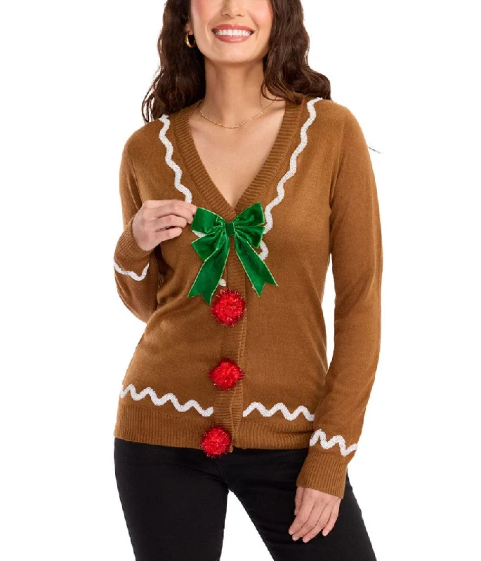Women's Gingerbread Man Ugly Christmas Cardigan Sweater Velvet Chenille Corduroy