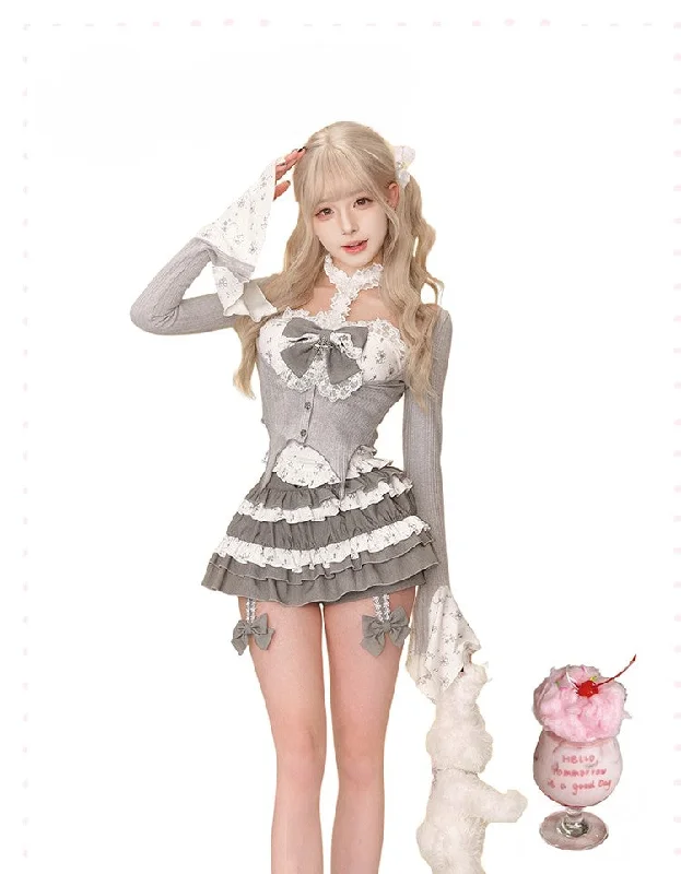 Cross Tube Top/Knitted Cardigan/Cake Skirt SER0128 floral skirt print
