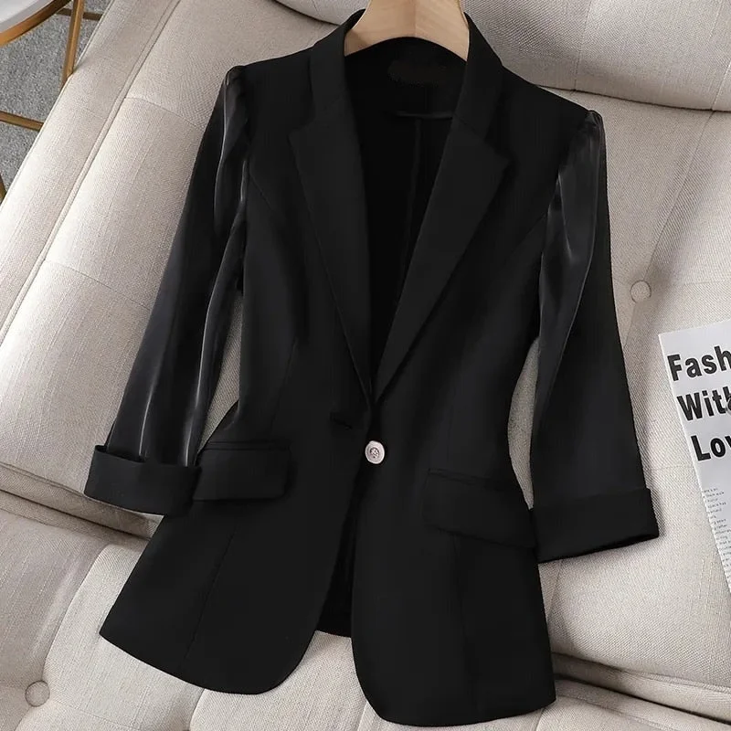 GRACE Design Women's Fashion Solid Color One Button Black Blazer Suit Jacket Notch Collar Jacket Peter Pan Collar Jacket Cowl Neck Jacket