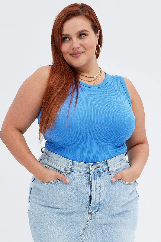 Blue Tank Top Sleeveless Crew Neck Seamless floral tank top