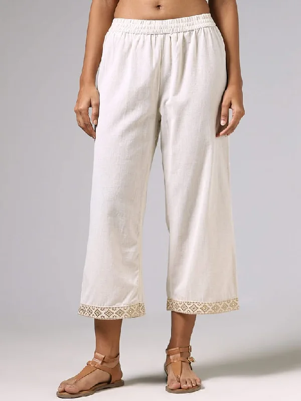 Utsa Off White Sequin Embroidery Pants Classic Straight-Leg Pants